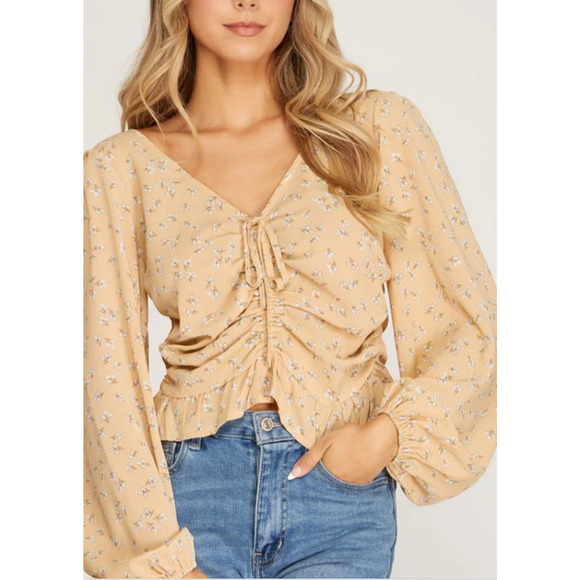 She + Sky Tops - Yellow Ruched Peplum Floral Top Long Sleeve Top Size Large